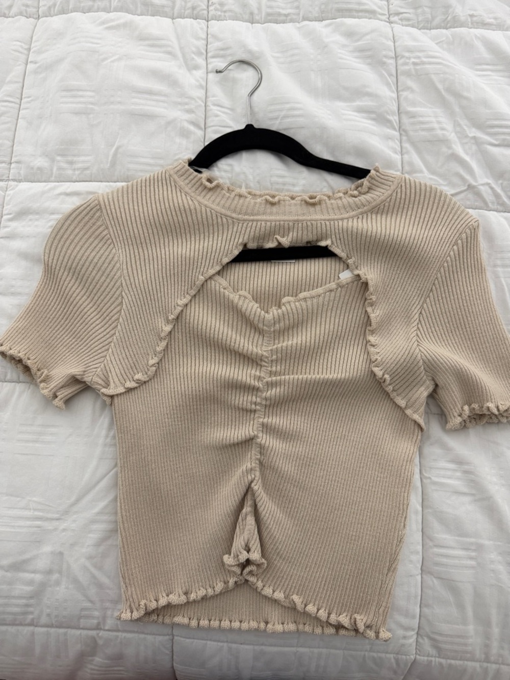 Cotton Emporium Beige Ribbed Cutout Crop Top